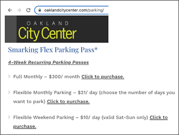 Oakland City Center website that displays various product offerings